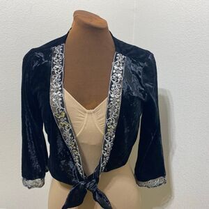 Vintage Jaloux/Zalu 100% Silk Black Velvet & Lace Bolero Jacket Size Medium